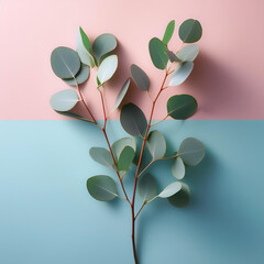 Wall Mural - eucalyptus branch, isolated on a soft blue and Pink Pastel