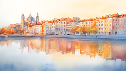 Aufkleber - Serene saone river reflecting colorful historic buildings of lyon france soft golden hour light watercolor painting