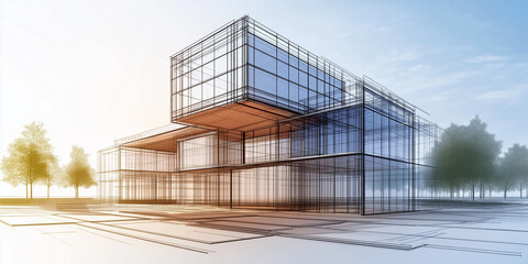 Aufkleber - Modern office building under construction showing steel structure and glass facade