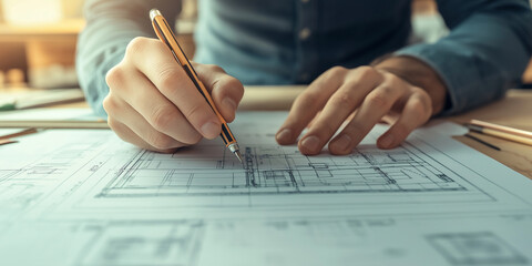 Aufkleber - Architect designing house plan on blueprint with pen in office