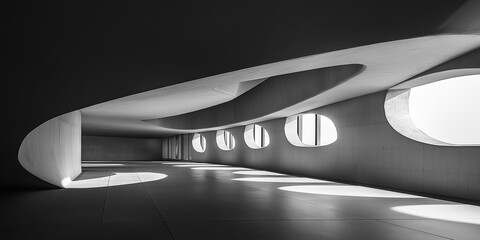 Leinwandbilder - Modern architecture interior with oval windows and curved walls creating light and shadow play in black and white