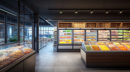 Aufkleber - Refrigerated frozen food section with illuminated glass door displays in modern supermarket interior 3d illustration