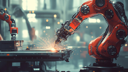 Leinwandbilder - Robotic arms welding in hightech automotive factory blurred motion digital ai concept industry 40 illustration
