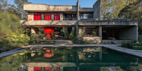 Aufkleber - Brutalist concrete architecture house reflecting in swimming pool