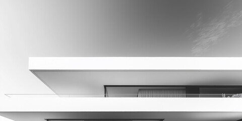 Poster - Modern minimalist white building showing geometric lines and balcony under cloudy sky