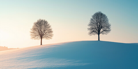Poster - Two bare trees standing on snowy hill at sunset in winter