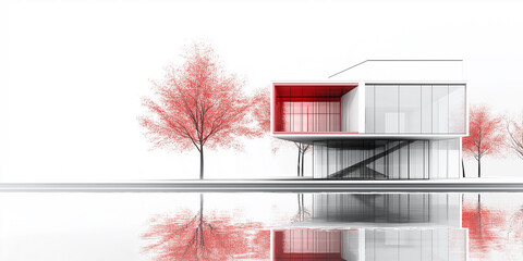Poster - Modern minimalist white house reflecting on water with red trees