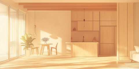 Aufkleber - Japandi style interior design, modern kitchen and dining room with wooden furniture