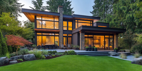 Poster - Modern luxury home exterior with illuminated windows at twilight showing patio and landscaped garden