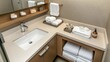 © Sampao - Modern Bathroom Design with Stylish Countertop Features, Neatly Arranged Towels, and Elegant Accessories for a Sophisticated Look and Feel in a Contemporary Setting