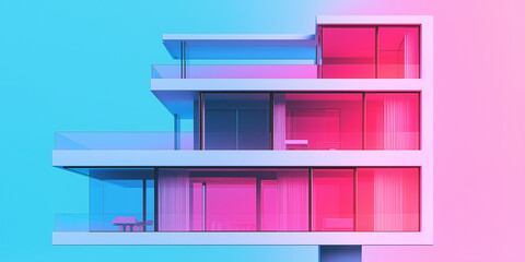 Poster - Modern minimalist white house with balconies and big windows showing pink interior on gradient background