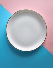 Wall Mural - White ceramic round plate, isolated on a soft blue and Pink Pastel