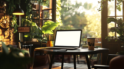 Poster - Tranquil workspace in cozy cafe with blank laptop screen mockup digital illustration
