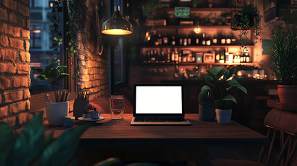 Poster - Tranquil workspace in cozy cafe with blank laptop screen mockup digital illustration