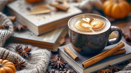 Cozy mug with hot chocolate and cute latte art with cinnamon, books, sweaters and spices in a warm setting