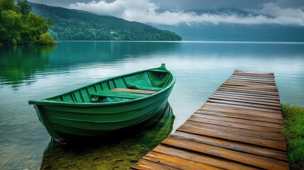  A green boat sits on a still lake. Perfect for travel, adventure, or vacation-themed designs.