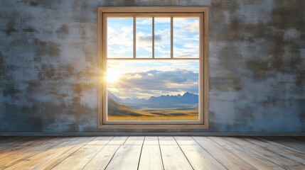 Aufkleber - Sunlight filters through a wooden window, illuminating a tranquil landscape with mountains and a brightening sky in the background. Generative AI