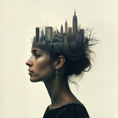 Wall Mural - a woman with a city skyline on her head, symbolizing urban life.