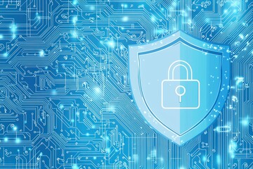 Aufkleber - Abstract digital security concept with a shield and padlock icon on a blue circuit board background
