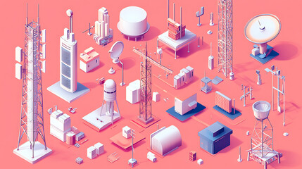 Aufkleber - A 3D isometric flat vector set featuring various telecom towers and radio communication structures
