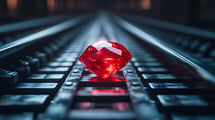 Poster - A conceptual image depicting Ruby on Rails programming with a red gemstone symbolizing Ruby and train tracks representing the Rails framework, illustrating the dynamic nature of web development