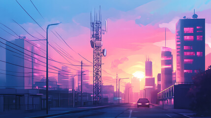 Aufkleber - A conceptual template a cell tower with an antenna among city buildings on a street, a scene of mobile wireless networks, WiFi technology, and public internet access