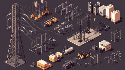 Aufkleber - A set of electric power objects, including an isometric vector illustration of a high voltage electricity power transmission grid