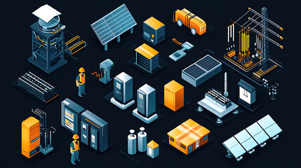 Aufkleber - An isometric set of electricity icons featuring solar panels, power stations, high voltage wires, electric switchboards, transformers, distribution boards, and professional workers in uniform