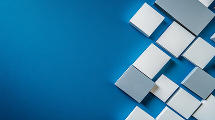 Poster - Blue background with white and silver squares in the lower right corner, representing technology or digital marketing