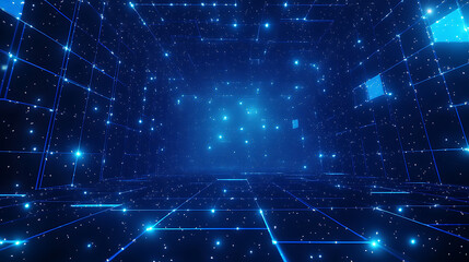 Poster - Blue starry sky background with pixel art stars and squares Simple geometric space grid pattern for game or motion graphics animation