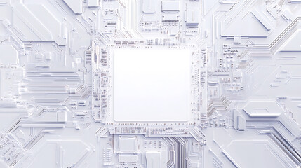 Aufkleber - Circuit board pattern with white empty space in the center White background Digital art style with circuit lines and chips on a clean white backdrop