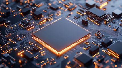Poster - Circuit board pattern with white empty space in the center White background Digital art style with circuit lines and chips on a clean white backdrop