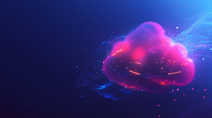 Aufkleber - Digital technology illustration of cloud computing with glowing digital clouds and data flow lines on a dark blue background, symbolizing online storage or big data