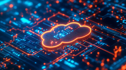 Leinwandbilder - Digital technology illustration of cloud computing with glowing digital clouds and data flow lines on a dark blue background, symbolizing online storage or big data