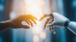 © Ольга Ничипорчук - Human and robot hands reaching toward each other, symbolizing the connection between humanity and artificial intelligence. Ideal for content on AI-human collaboration, future techn