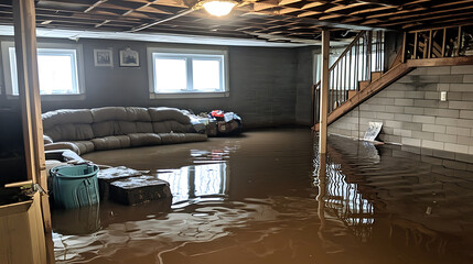 Poster - Flooded basement with failed sump pump and standing water