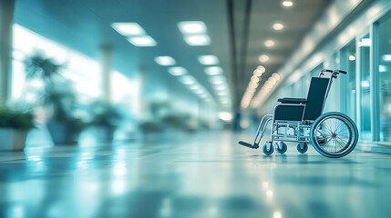 Wall Mural - A blurred photo background featuring an empty wheelchair and medical equipment in a hospital walkway for disabled patients