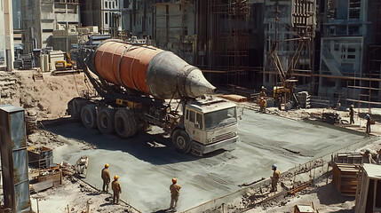 Aufkleber - A cement truck pours its contents onto a concrete base as workers level it for the foundation of a high-rise building