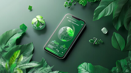 Poster - Close-up of mobile phone displaying CO2 footprint tracking app in cityscape