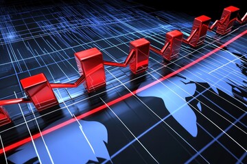 Poster - Red 3D Bars Chart on a Grid with a Red Line and a Blue World Map Outline