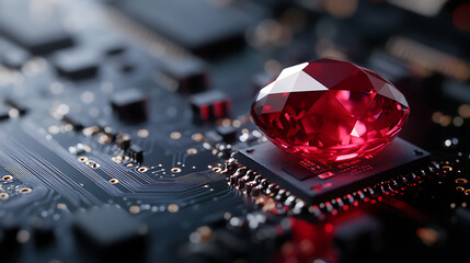 Aufkleber - Ruby on Rails programming concept with a ruby stone placed on a microchip, symbolizing the integration of the Ruby programming language with technology