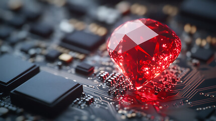 Ruby on Rails programming concept with a ruby stone placed on a microchip, symbolizing the integration of the Ruby programming language with technology