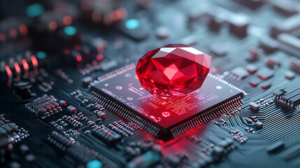 Fototapete - Ruby on Rails programming concept with a ruby stone placed on a microchip, symbolizing the integration of the Ruby programming language with technology