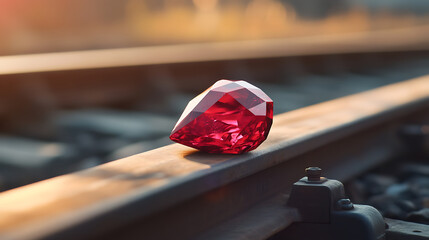 Ruby stone placed on a rail track, symbolizing the Ruby on Rails programming language, This concept image visually represents the powerful and efficient framework used in web development
