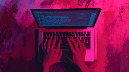 Fototapete - Stylized illustration of a top-view laptop and hand, emphasizing the vibrant and dynamic concept of learning to code
