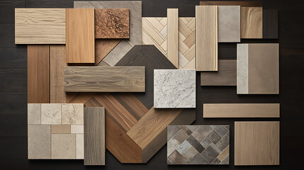 Aufkleber - Various samples of parquet and laminate flooring in natural colors are presented against a dark oak background in an overlapping arrangement