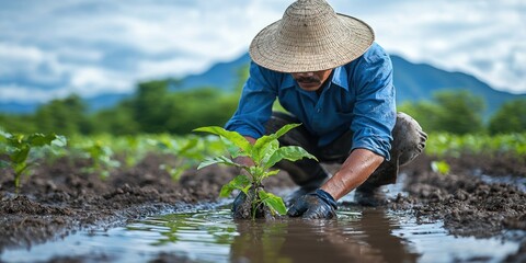 Poster - Farmer Planting a Sapling in a Water-Filled Field