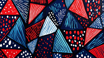 Poster - Pattern with blue and white stripes, red triangles and geometric shapes