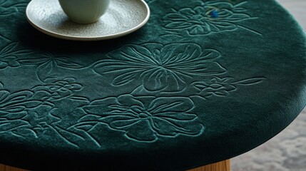 Sticker - Luxurious velvet fabric in emerald green with floral embossed details, creating a rich, textured surface with soft sheen