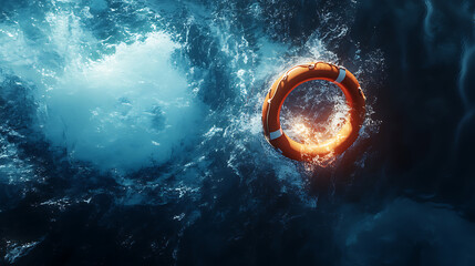 Fototapete - Dramatic splash created by a lifebuoy ring floating in deep blue ocean water rescue concept